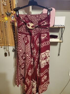 Bohemian Elephant Print Strapless Skirt in Burgundy and Cream